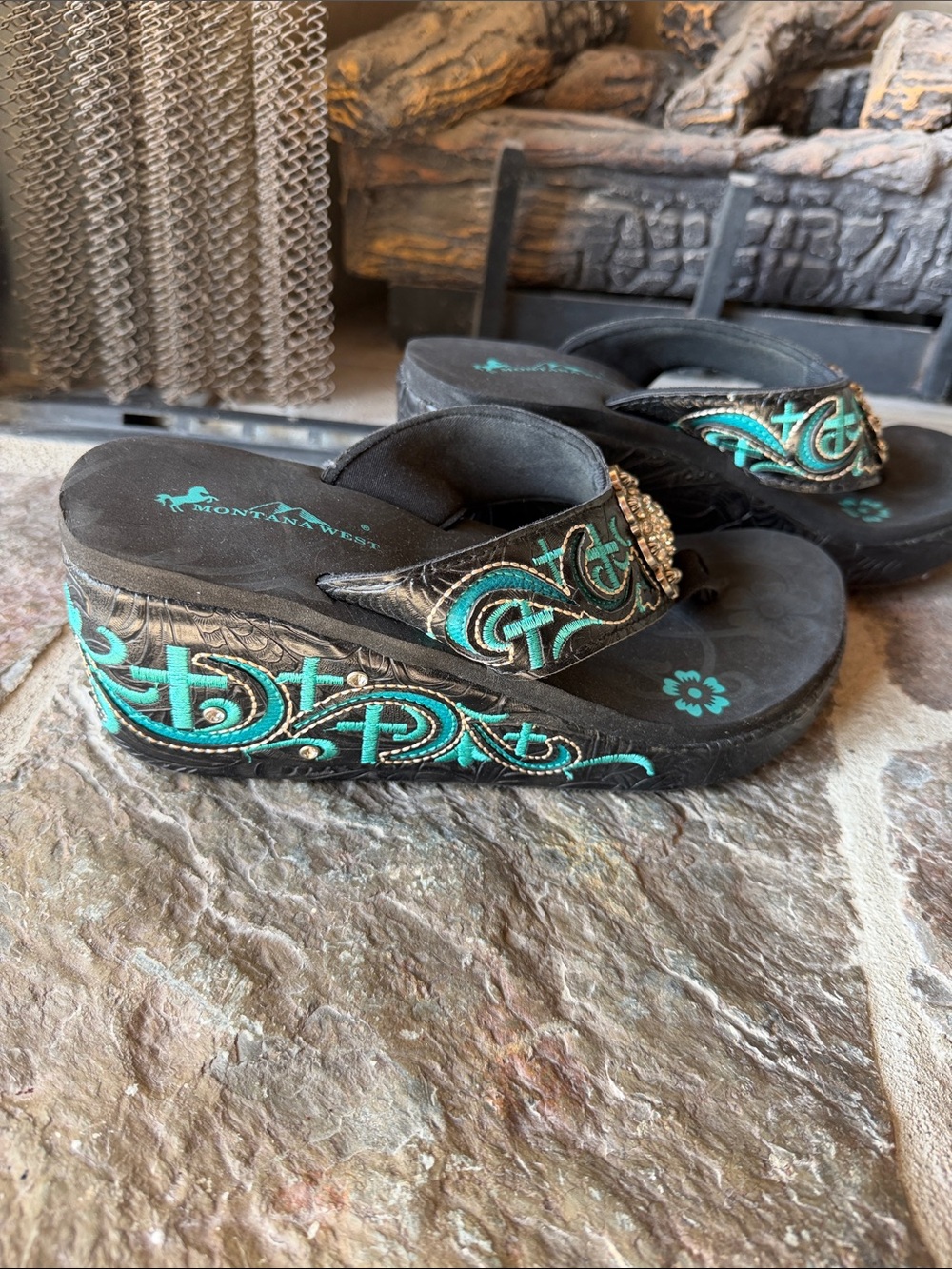 Montana West Black & Turquoise Floral Rhinestone Concho Wedge Sandals - Picture 2 of 6